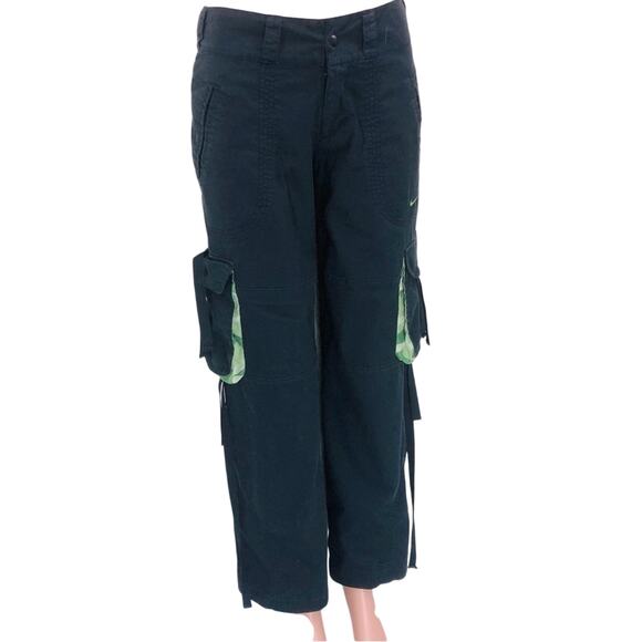 Y2k Vintage Nike Dri Fit Black Cargo Pants Green Camo Trim Roll Cuffs Pockets - Picture 11 of 16